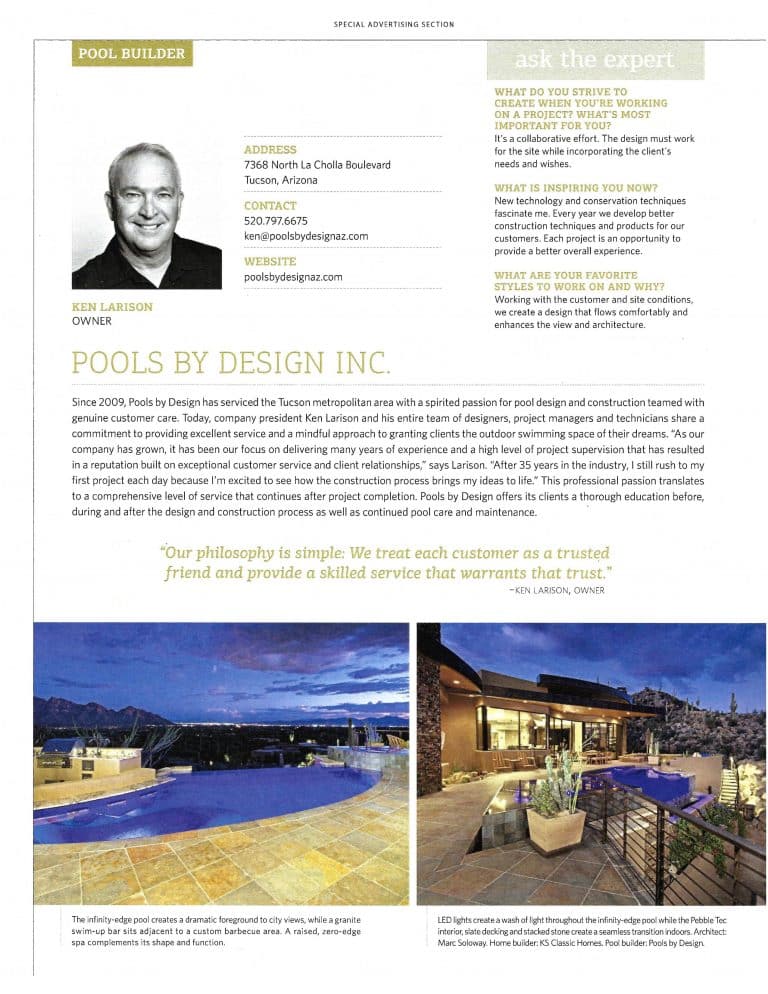A scan of the article where Pools by Design is a featured pool builder in Luxe